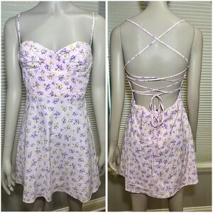 New Zara Linen Cotton Blend Floral Mini Dress Lilac Sleeveless Crisscross Back M